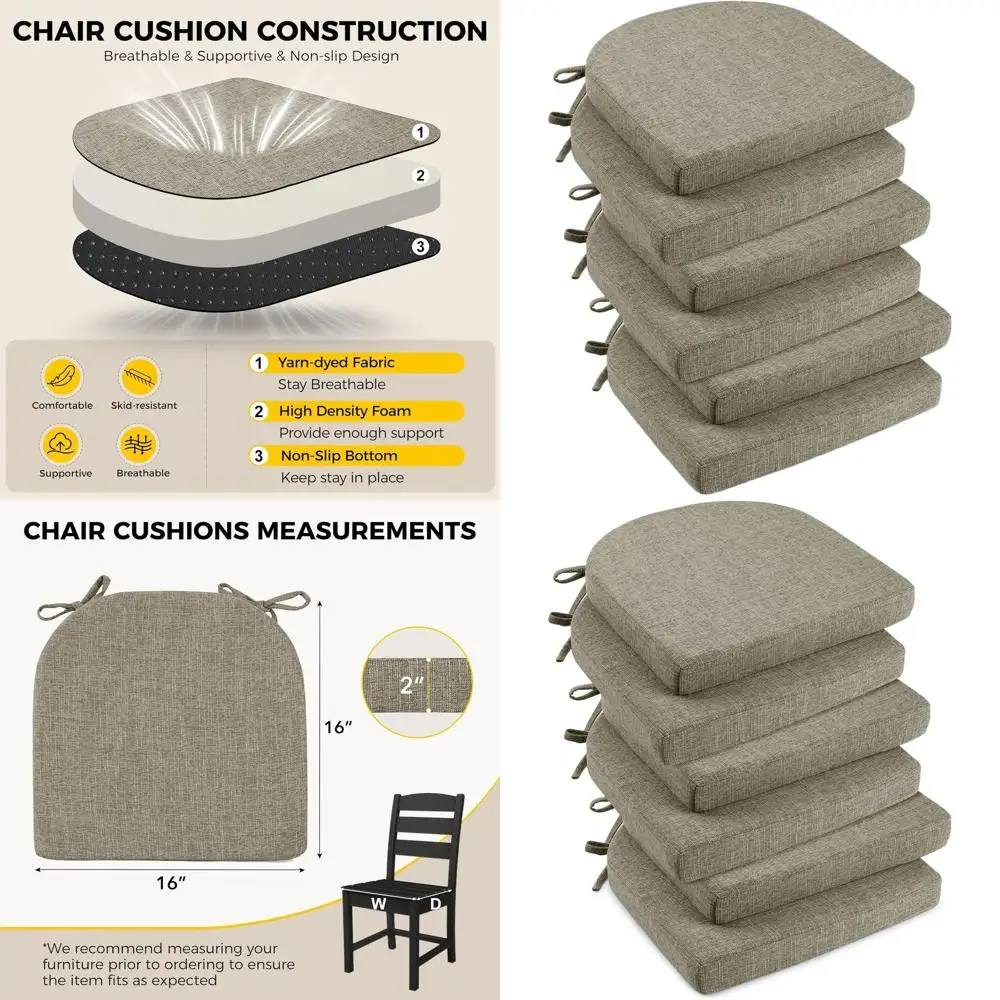 

Khaki Dining Chair Cushions, Soft Foam Pads with Ties, Non-Slip Backing, 16x16x2, 6-Pack