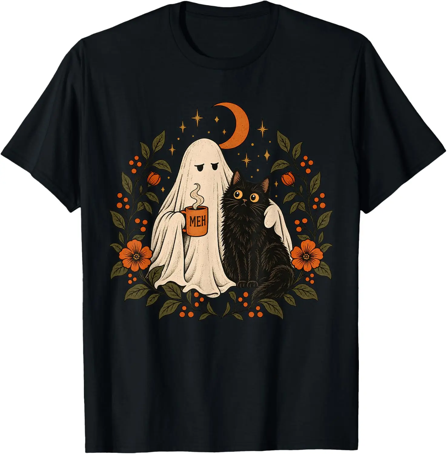 Grumpy Ghost Black Cat Coffee Vintage Halloween Women T-Shirt Men's Spooky Halloween Graphic Print T‑Shirt, Crew Neck Short Sleeve Casual Cotton Tee For Holiday Party Daily Street Wear.