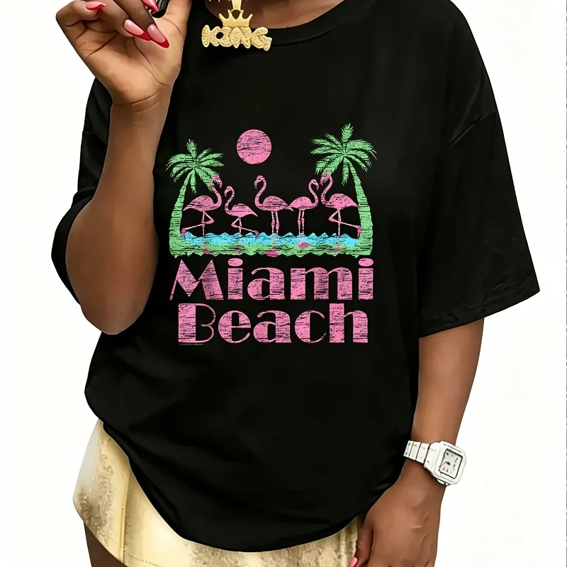 Miami Beach Women's 100% Cotton T-Shirt Short Sleeve Top Casual Round Neck Fun Print Tee S-5Xl