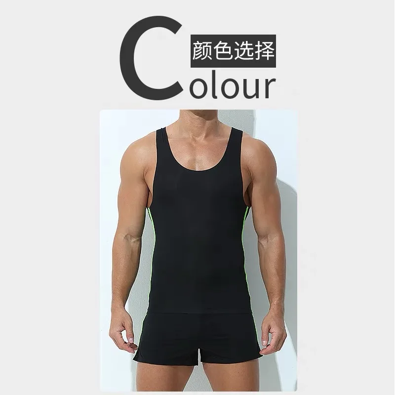 Fitness clothes, shorts, men\'s ultra-thin ice silk slightly transparent pants tank top shoulder running quick drying sports set