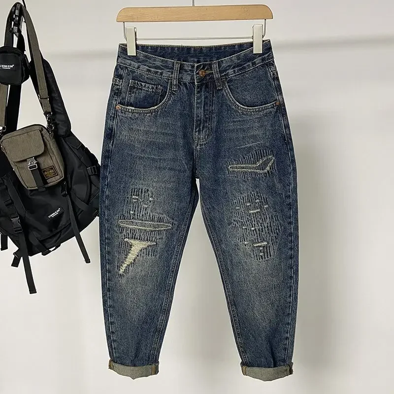 Man Cowboy Pants with Holes Men's Jeans Broken Torn Trousers Ripped Cropped Harem Work Wear Goth 2024 Korean Autumn Y2k Vintage