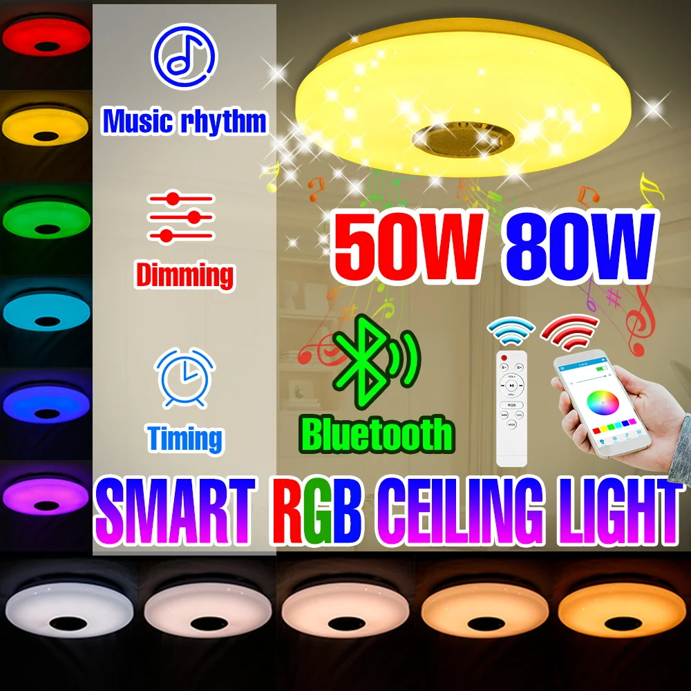 RGB Smart Lamp LED Ceiling Light With Speakers Bluetooth Connection APP Remote Control 50W 80W For Home Bedroom Decoration Party