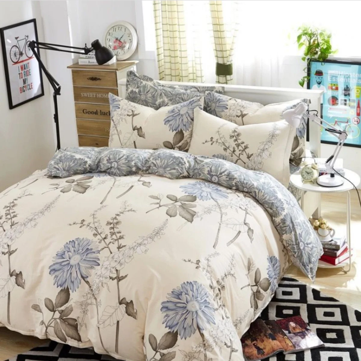 3PCS Blue Flower Plant Bedding Sets Classic Floral Reversible Duvet Cover and 2 Pillowcases,polyester Quilt Cover with Zipper