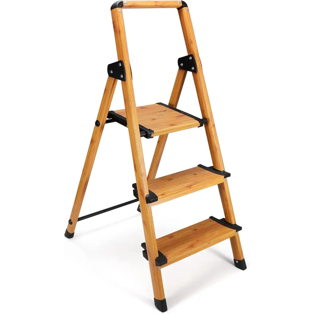 Portable Collapsible Lightweight Aluminum 3 Step Stool Step Ladder with Long Handrails and Safety Latch Mechanism,Woodgrain