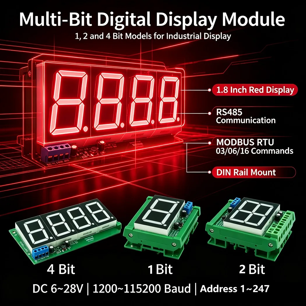 Modbus RTU RS485 Digital Display Module 1.8 inch Red LED Digit Tube DC6-28V 1/2/4 Bit Support Cascading Adjustable Brightness
