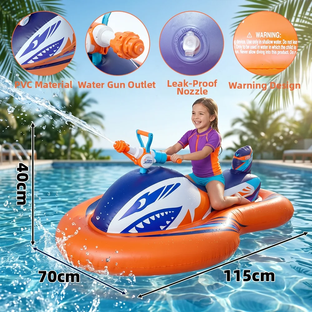 Inflatable Jet Ski with Water Gun Thickened PVC Water Floating Ride On Boat Portable Summer Water Play Toy for Kids Pool Lake