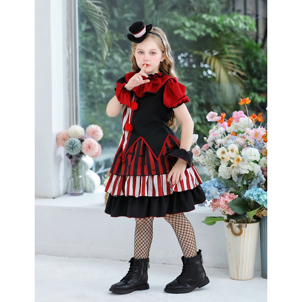 Halloween Clownkostuum Onregelmatig T-shirt met korte mouwen en gestreepte rok Hoofdband Polsband Kraag voor Cosplay Party