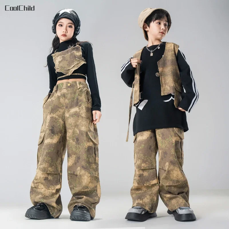 Boys Hip Hop Camouflage Vest Cargo Pants Girls Cool Street Dance Clothes Sets Kids Jazz Costumes Children Military Streetwear