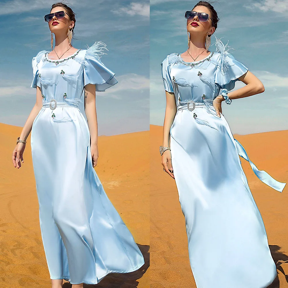 

Summer Satin Muslim Women Long Dress Rhinestone Party Gown Elegant Kaftan Dubai Islam Abaya Arab Middle East Ramadan Eid Mubarak