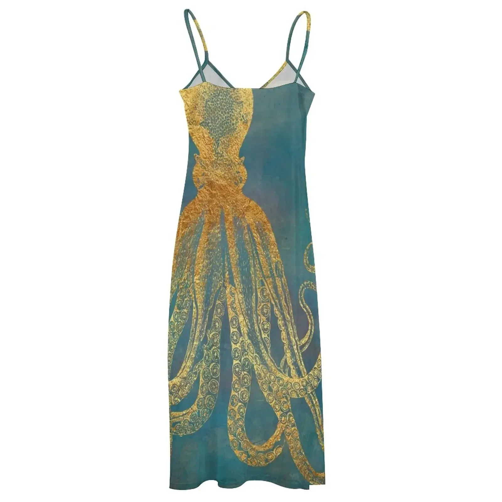 Women's Deep Sea Life II Vestido de polvo dourado, sem mangas, textura marinha, elegante, vintage, moda de baile