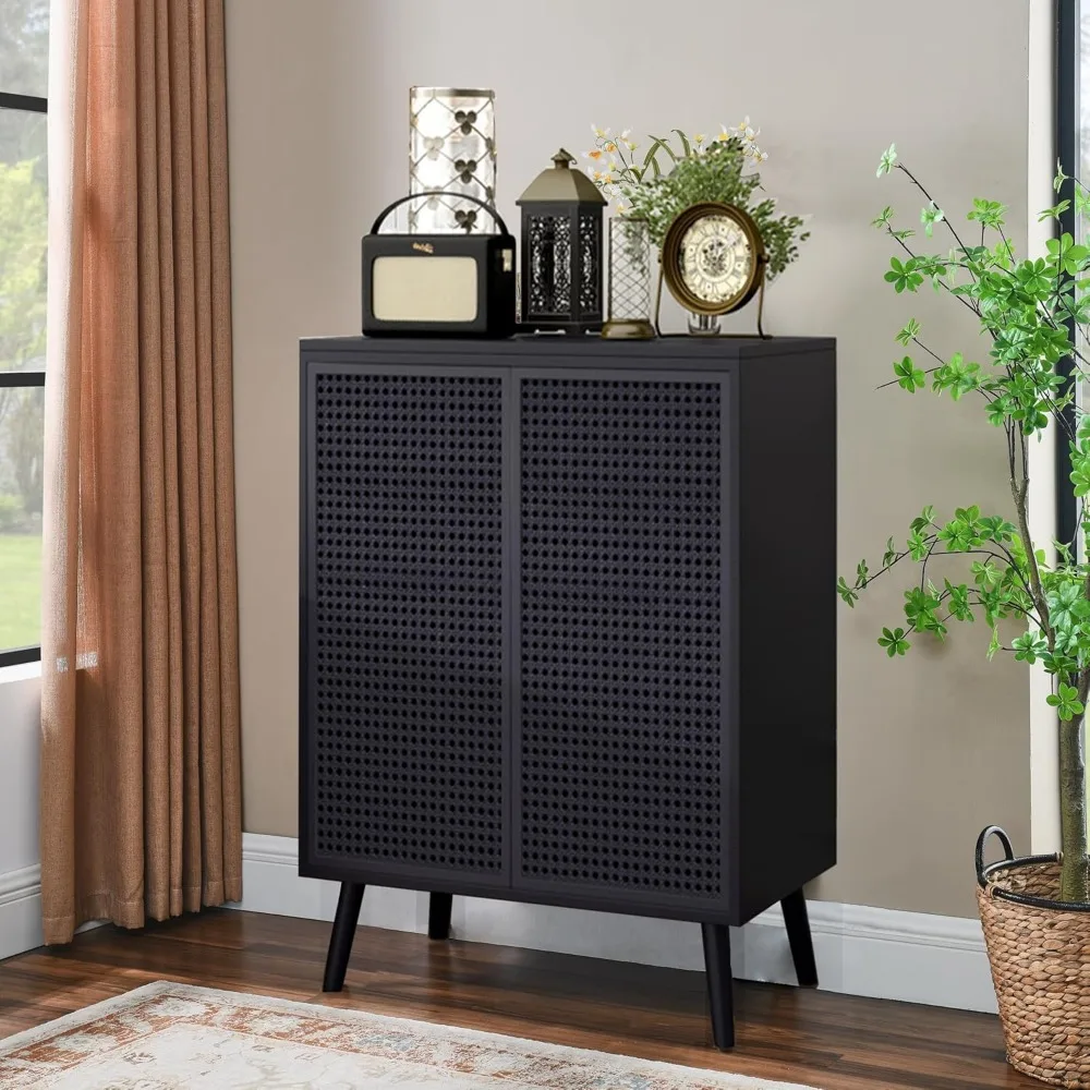 

Modern and Simple Black Rattan Storage Cabinet, Metal Rattan Accent Cabinet with Double Doors, Buffet Storage, for Living Room