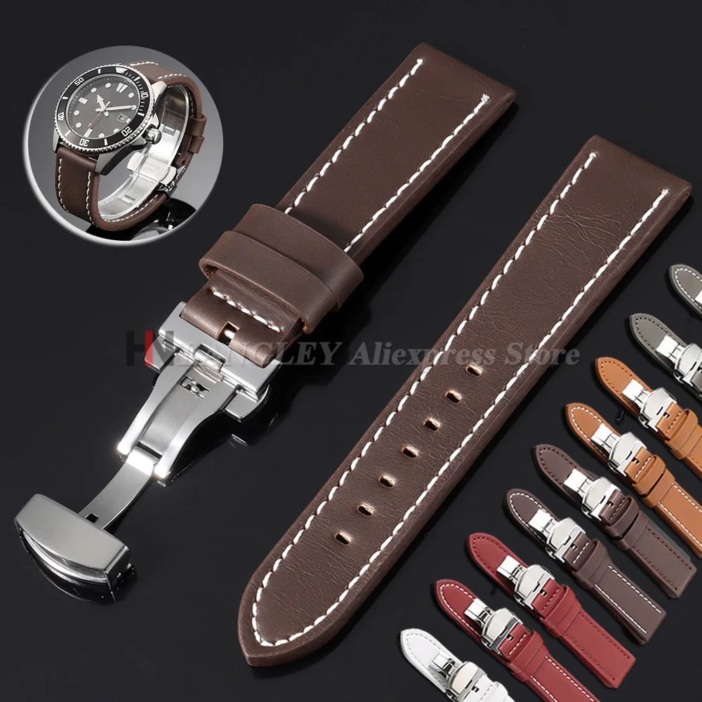 Vintage-Leder-Uhrenarmband, 18 mm, 20 mm, 22 mm, 24 mm, Schmetterlingsschnalle für Herren und Damen, Sportarmband, genäht, braunes Armband, Zubehör