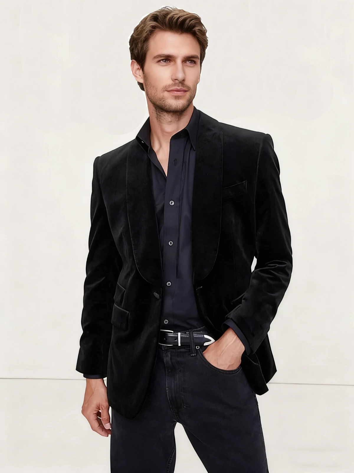 سترة رجالية مخملية سوداء واحدة الصدر الذروة التلبيب سليم صالح البدلة السترة لحفلة موسيقية حفل زفاف الأعمال العريس يرتدى