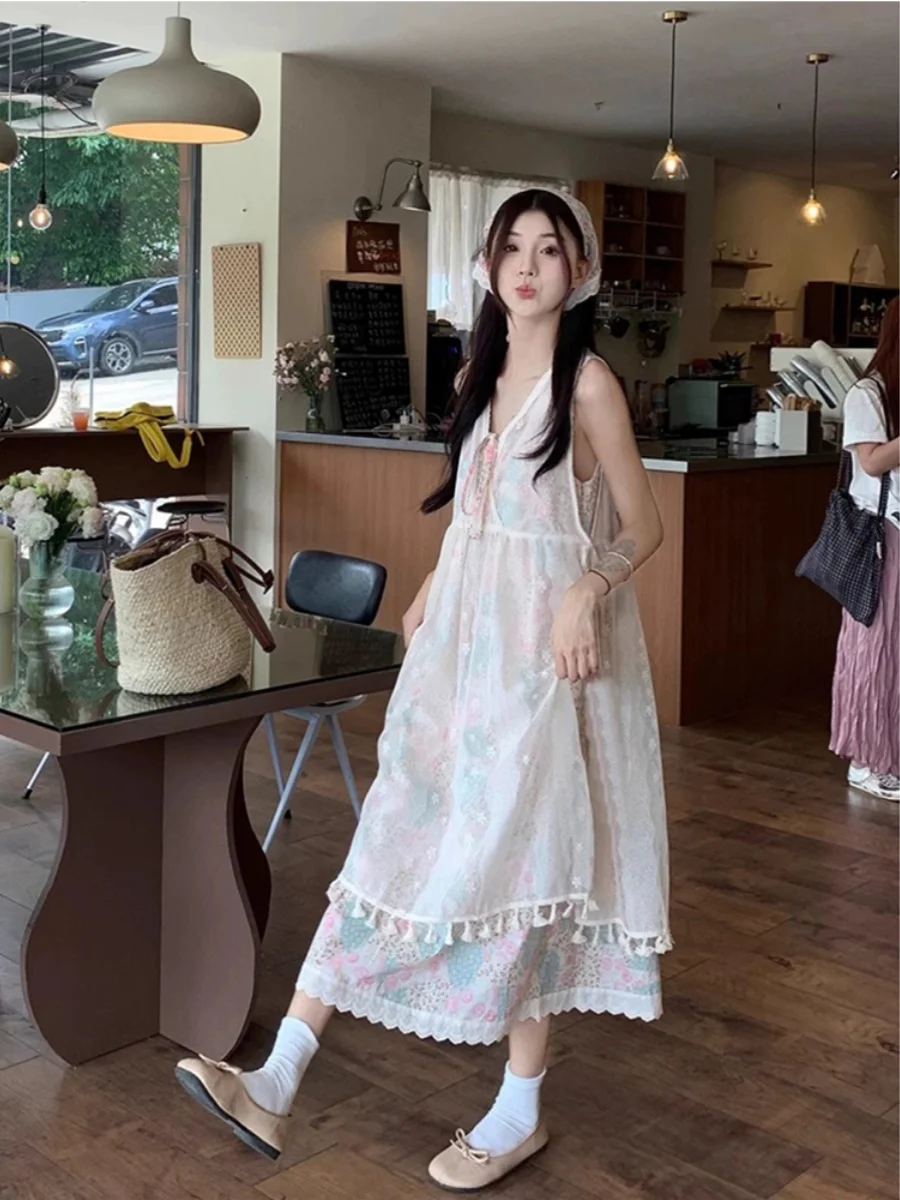 Vestido midi com decote em V, conjunto de duas peças f com saia de praia em camadas de renda, estilo férias de verão, ...