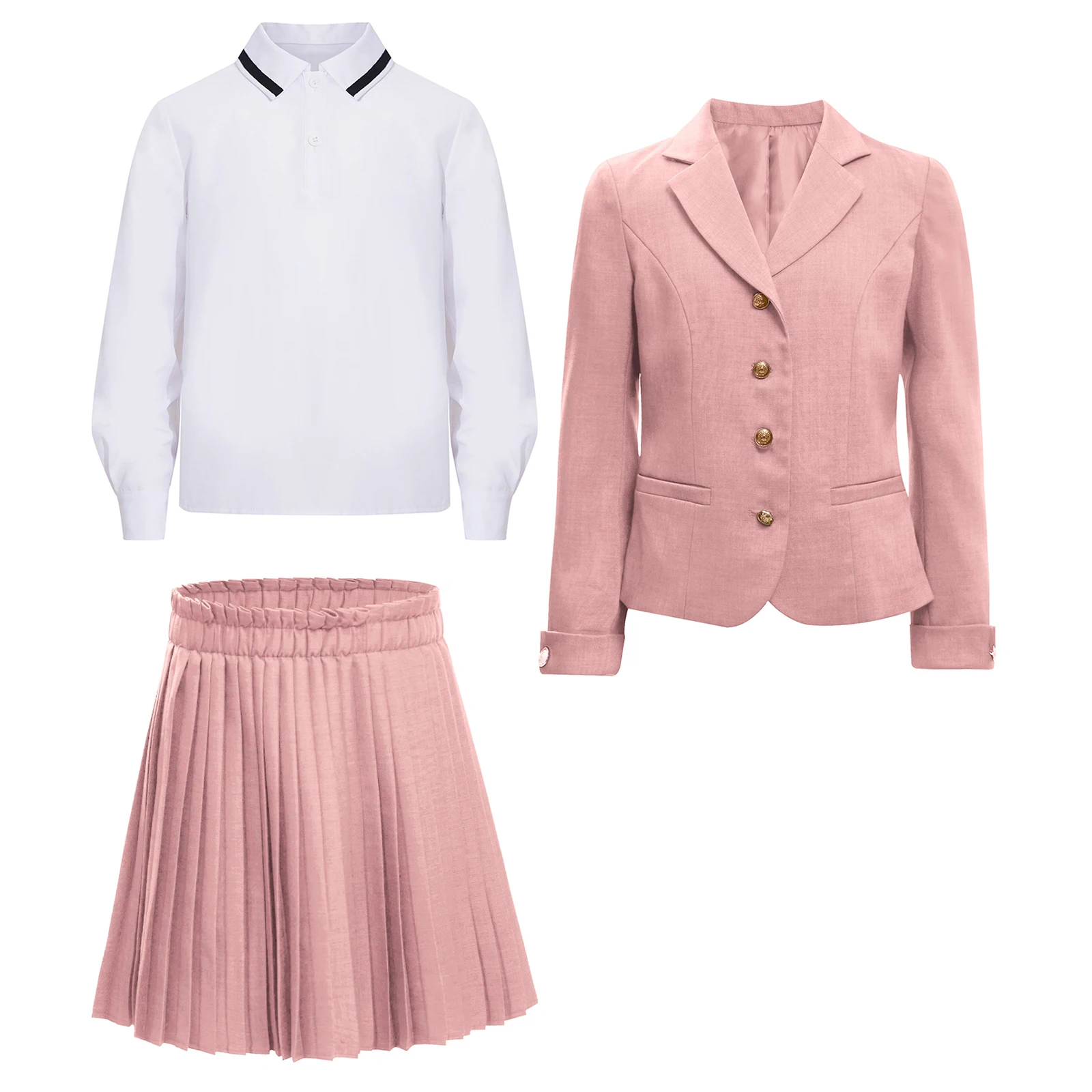 

3Pcs Kids Girls School Uniform Outfit Lapel Button Down Jacket Coat+Turn-Down Collar Long Sleeve Pullover Shirt+Pleated Skirt