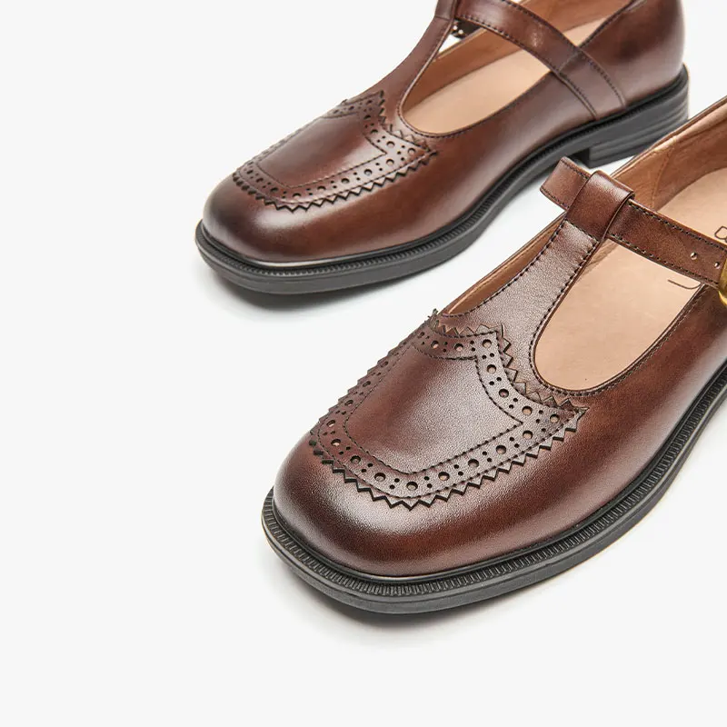 BeauToday Mary Janes kobiety oryginalne krowy skórzane Brogues t-wiązane mieszkania pasek z klamrą wiosna klasyczne damskie buty Handmade 28272