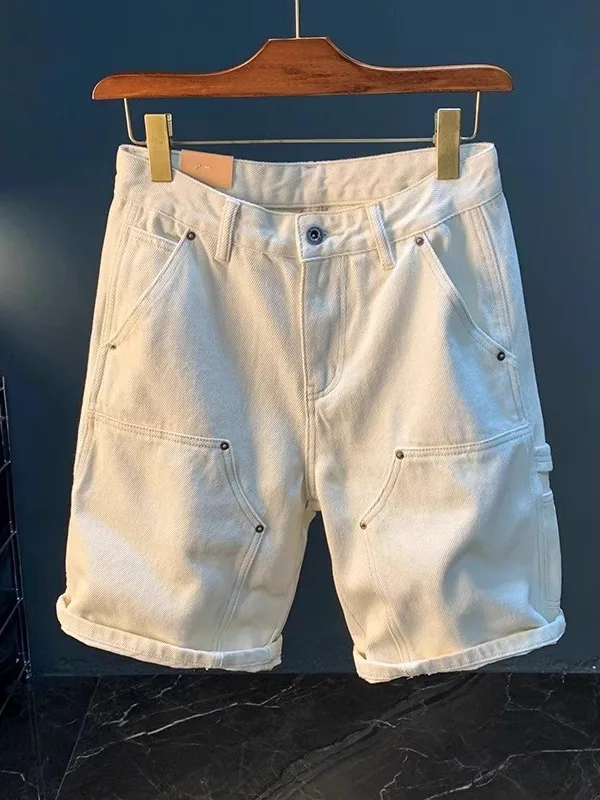 

Light Beige Men's Denim orts Casual Thin Cotton Non-Stretch Mid-Waist Straight Leg Loose Fit Five-Quarter Length Summer Sle