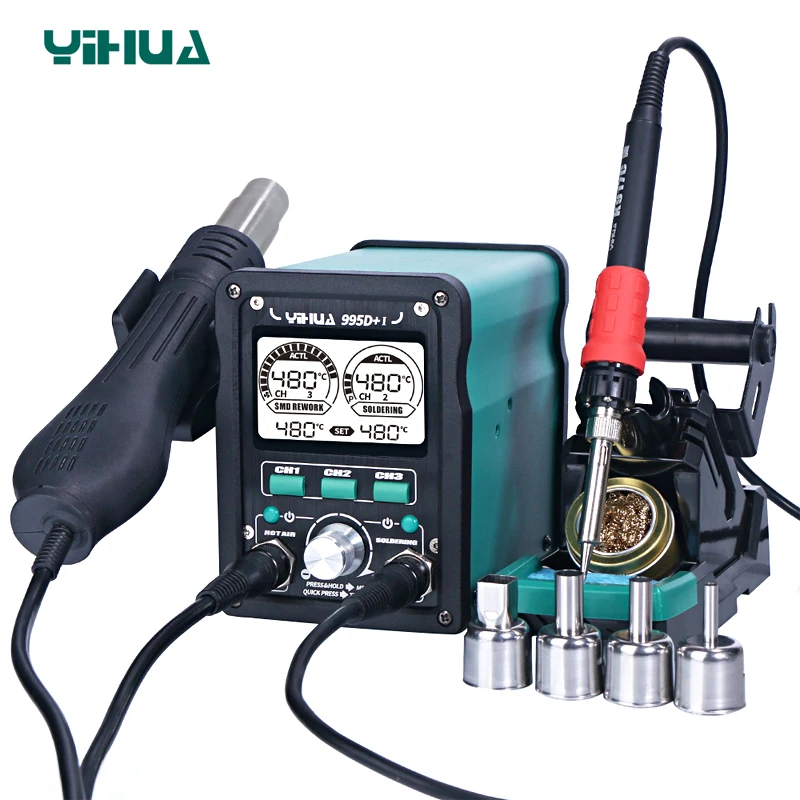 YIHUA 995D+I New Upgraded 2 In 1 Soldering Stations LCD Digital Display 810W Hot Air Gun Rework 110W Soldering Iron Welding Tool