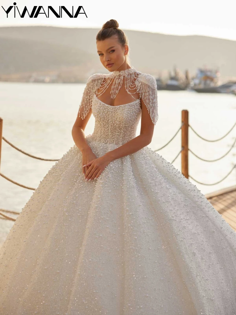 

Gorgeous Sparkling Pearls Princess Long Wedding Dress With Tassel Dreamy Strapless Bridal Gown Customized New Dresses For Bride