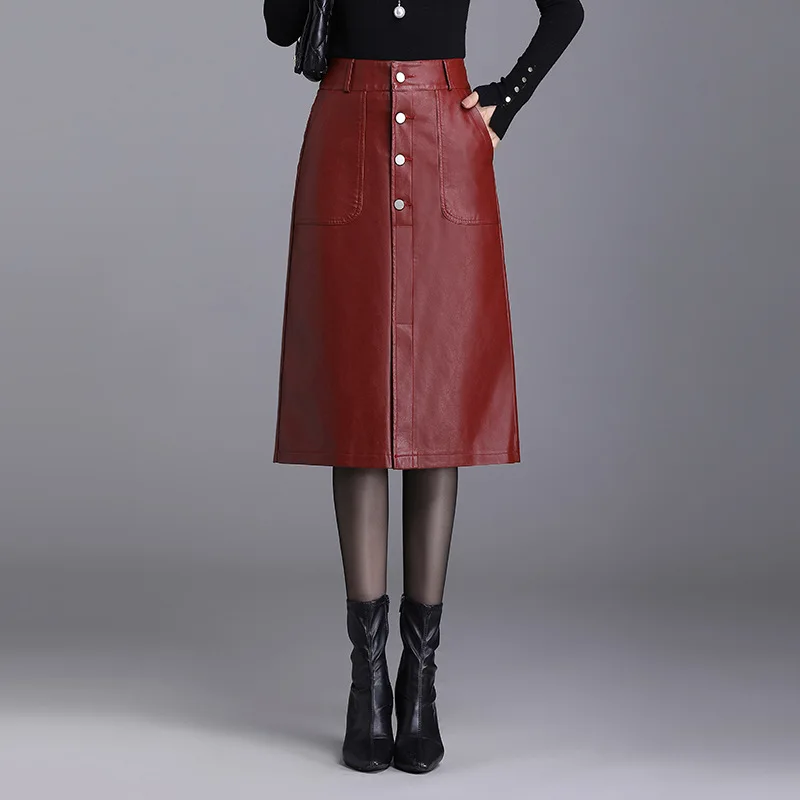 

2025 women's fashion PU leather, skirt, new high-waisted A-word, thin buttocks, split-ended one-step long skirt