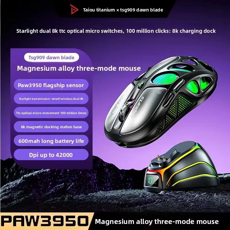 TAIDU TSG909 Wireless Gaming Mouse Magnesium Alloy Hollow Shell PAW3950 Sensor TTC Optical Micro Motion 8K Low Latency PC Laptop