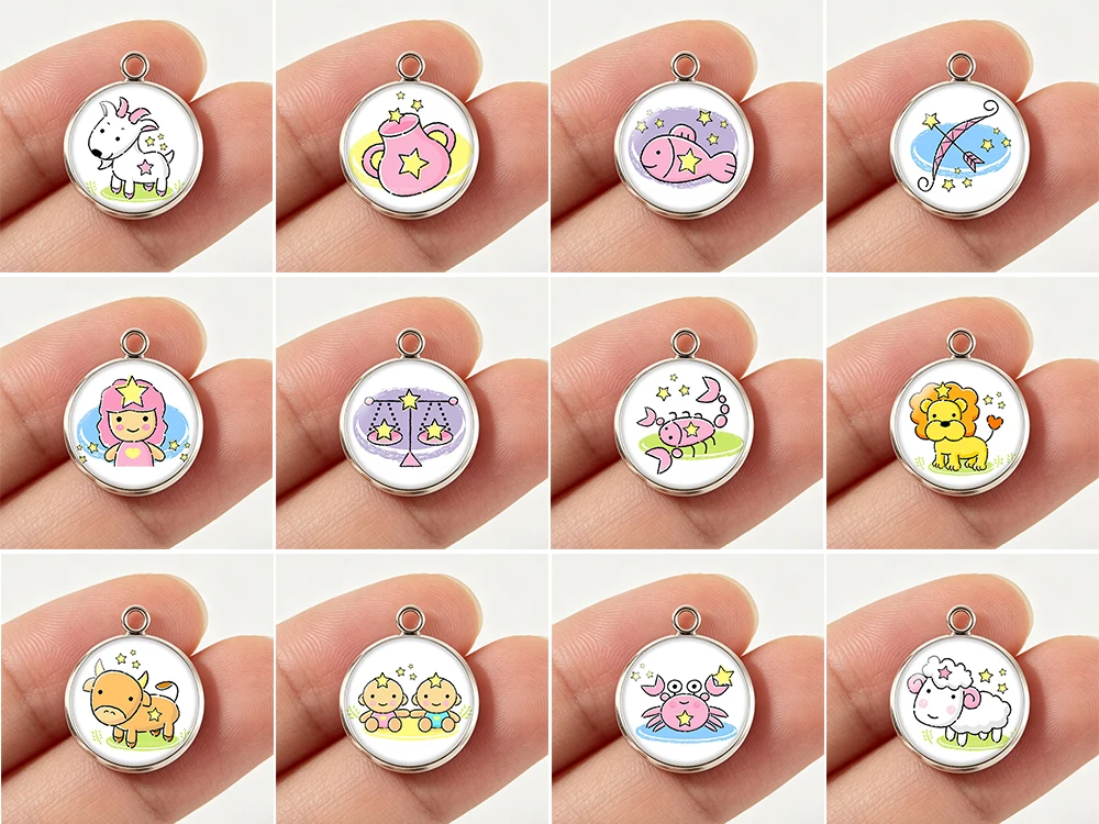 12 piezas de dijes de animales del zodiaco de dibujos animados variados, cabujón de cristal fotográfico de 12 mm, colgante con base de acero inoxidable, joyería de las doce constelaciones