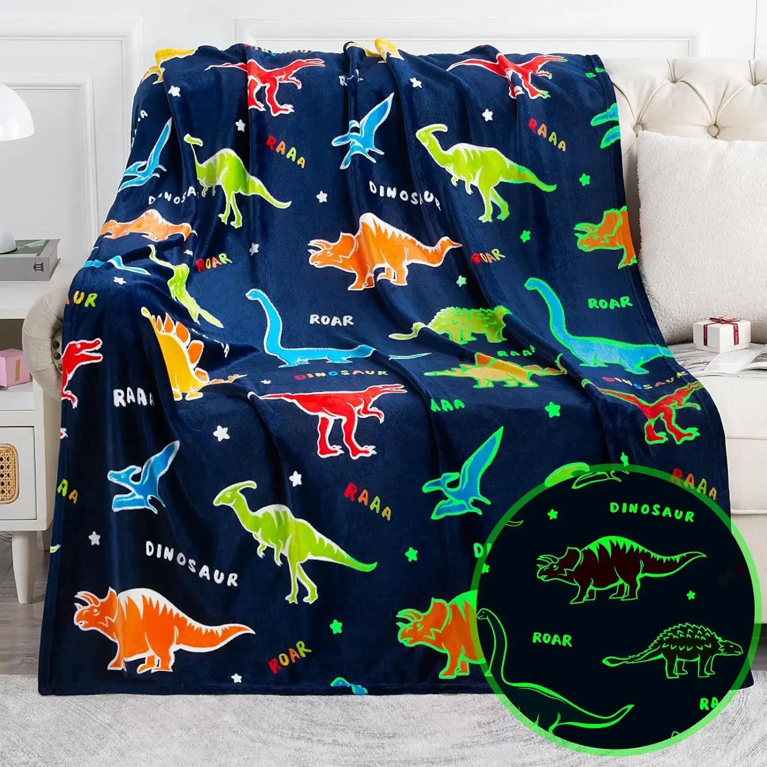 Dino Glow in the Dark Blanket - Navy Blue Dinosaur Themed Throw for Kids Boys & Girls Birthday Decor Suitable for Teens Toddlers