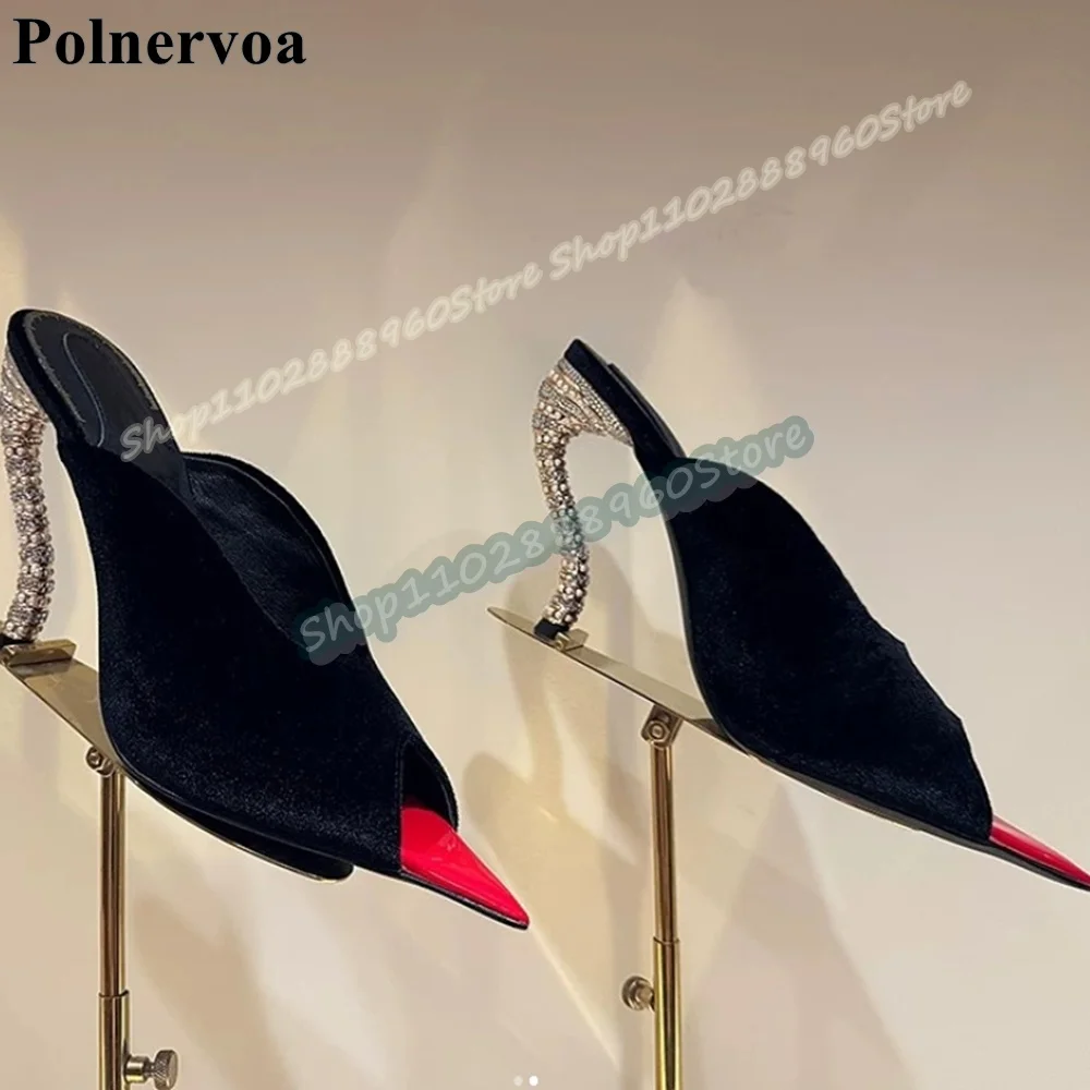 Occidental Black Suede Pointy Half Slippers Strange Style Heel Shoes For Women Slip On Peep Toe Luxury Banquet Fashion Slippers