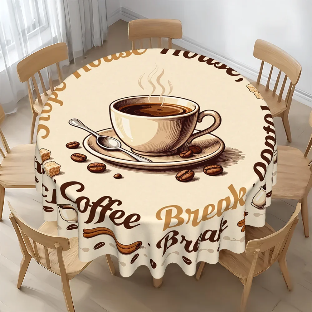 Coffee-themed round tablecloth, suitable for birthdays, picnics, parties - beige tablecloth with coffee cup patternxzj
