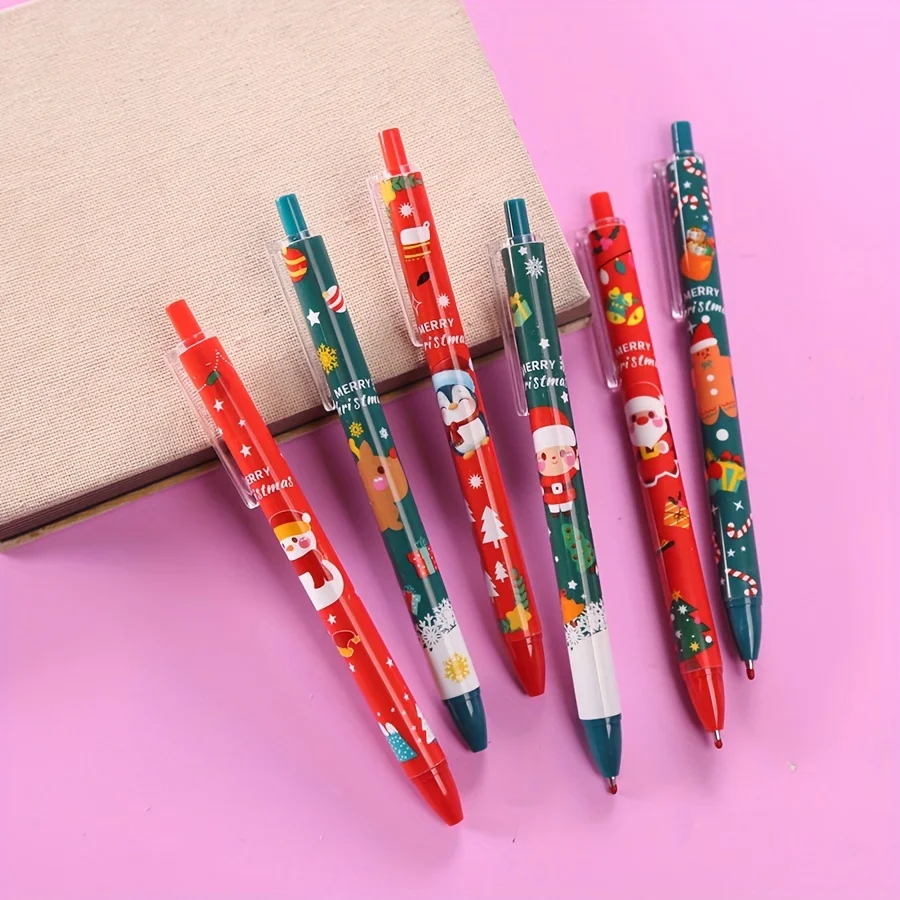 

6pcs Christmas Cartoon Press Gel Pens Festive Design Santa Snowman Animal Print Smooth Writing School Office Stationery Supplies