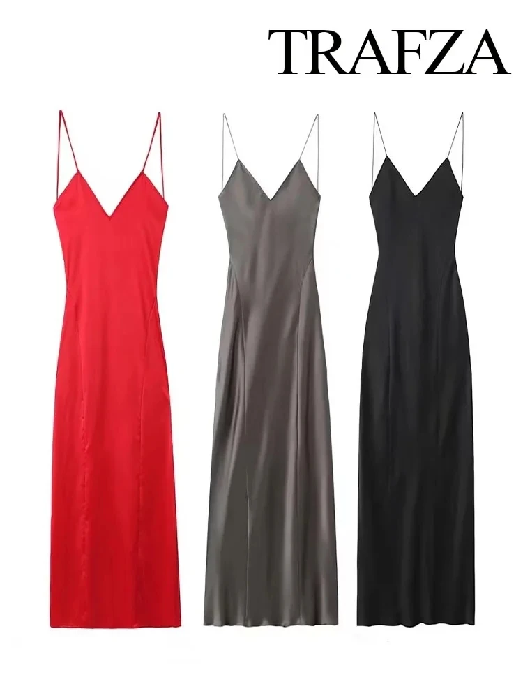 TRAFZA Nieuwe Mode Vrouw Feestavond Slip Prom Jurk Vrouwelijke Satijnen Lange Jurk Sexy Mouwloze Backless V-hals Sling Midi Jurk