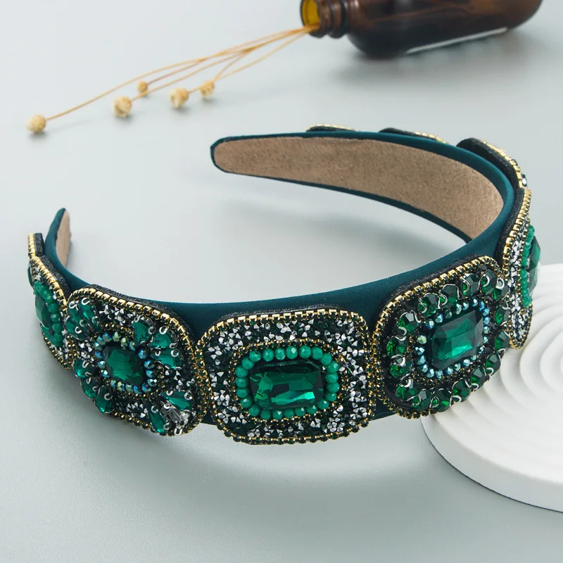 Luxury Baroque Green Rhinestone Headband Hair Accessories Women Hand-sewn Glass Rhinestone Flower Broad-brimmed Hair Hoop