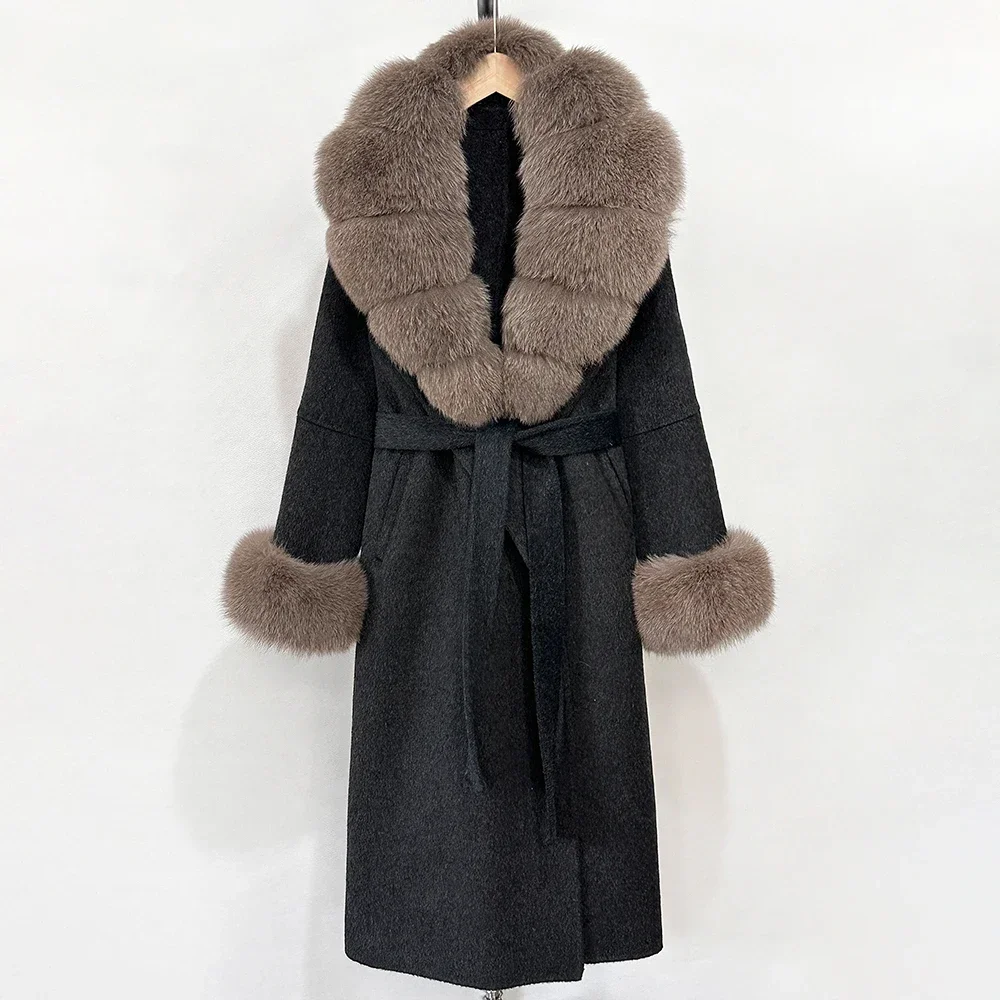 سترة طويلة كبيرة من فرو الثعلب الحقيقي سترة نسائية أنيقة دافئة من الصوف ملابس علوية معطف صوف أنيق أصفاد للخريف والربيع للنساء #1