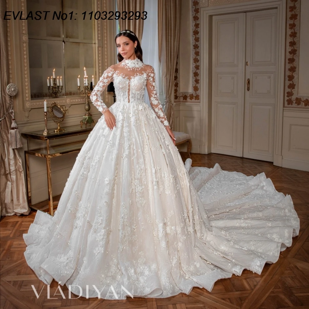 

EVLAST индивидуальное свадебное платье трапециевидной формы 2026 с высоким воротом и длинными рукавами, цветочное кружево, аппликация, бисер, свадебное платье Robe De Mariee TBD60