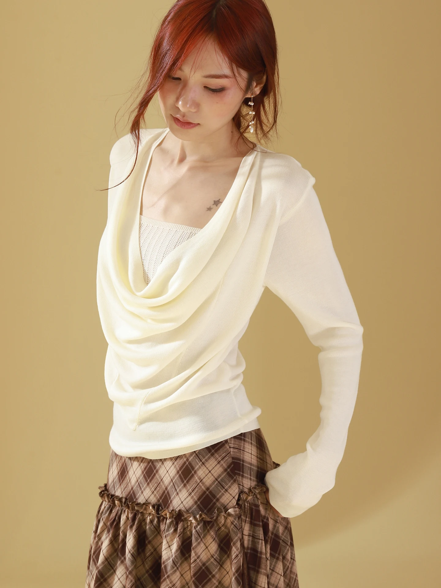 

MZOMXO Gentle Wind Knitted Sweater Women's Autumn Design Lazy Sle Slim Long Sve Top Apricot Color Turtlene Faionable