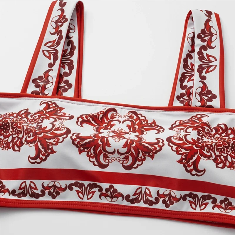 Retro Women Bikini Set Swimwear Women Red Flower Totem Pattern Print Bikini Female Biquini Push Up Swim Suit Bodysuit Beachwear