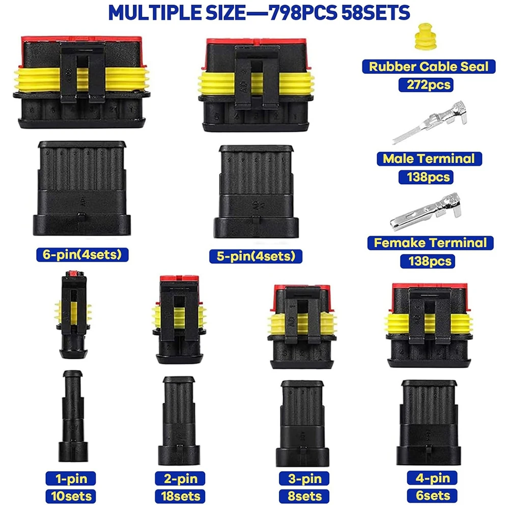 798 قطعة موصلات الأسلاك المقاومة للماء ، 50 مجموعات موصلات كهربائية للسيارات موصلات الأسلاك الكهربائية طقم توصيل 1/2/3/4/5/6 دبوس #2