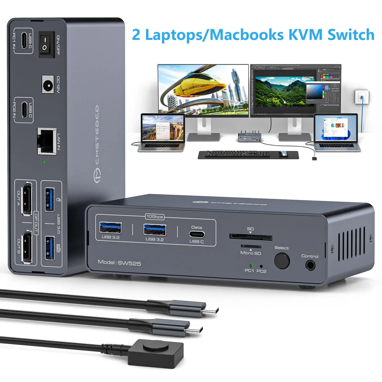 4K@120Hz USB C Docking Station Dual Monitor KVM Switch for 2 Laptops or Macbooks Switch(12-in-1) Type C Dock with 2 Displayport