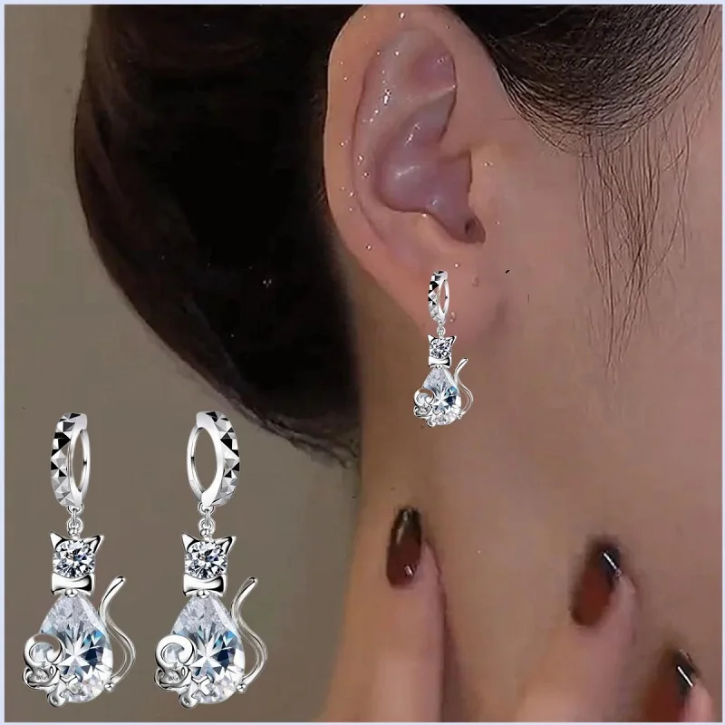 Cute 925 Sterling Silver Little Cat Cubic Zircon Crystal Pendant Necklace Earrings Set for Women Girl Wedding Party Jewelry Gift