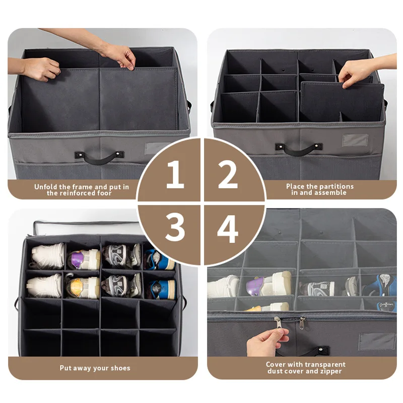 Storage Shoe Box, Fabric Foldable Shoes Grid Finishing Storage Boxes, Dustproof and Moisture-proof Zipper Transparent Cover