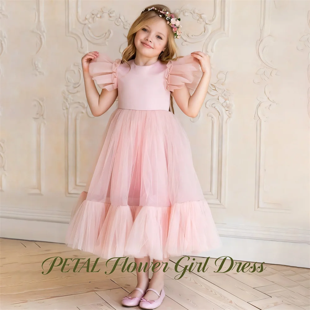 Petal Peach Pink Princess Girls Dress Round Neck Flared Cuff First Communion Gown Minimal Children Birthday Wedding Dresses