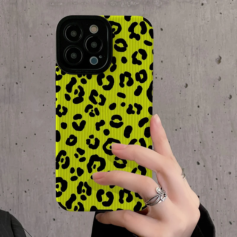 Fashion Yellow Leopard Silicone Leather Case For iPhone 15 14 Pro Max 11 12 13 Mini SE 7 8 Plus X XR XS Soft Shockproof Cover