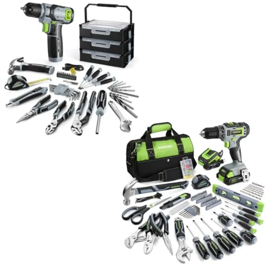 

157PCS Home Tool Set with 20V Power Drill and WORKPRO 43PCS Pink Tool Set with 8V Power Drill and Bits- Pink - Green