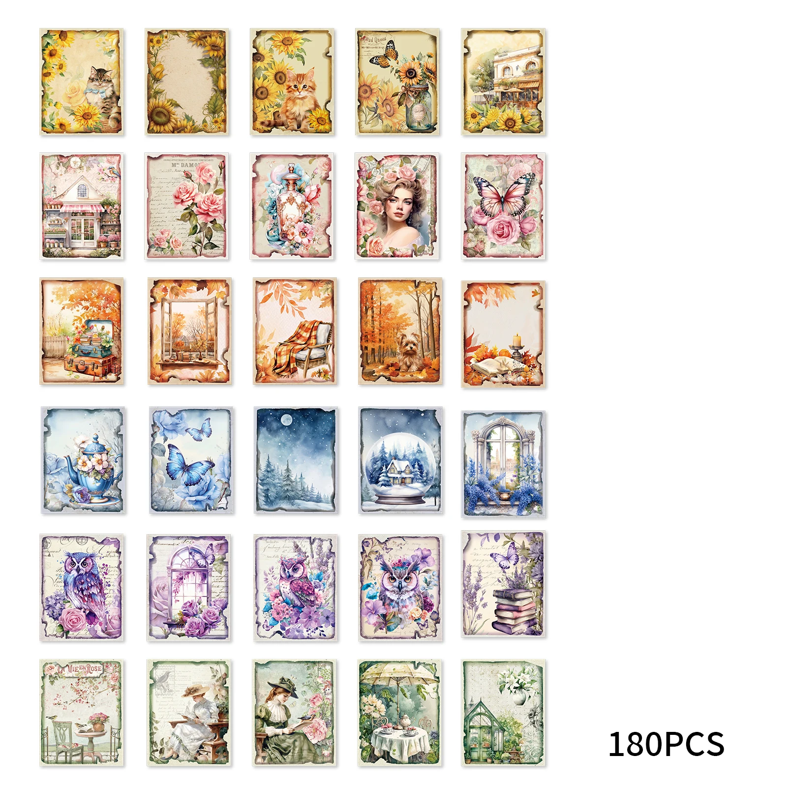 30pcs Owl, Girl, Cat And Other Vintage Theme Material Paper Decoration Gift Box Guitar Phone Case Suitcase Classic Toy Decals