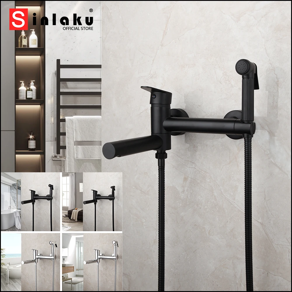 

SINLAKU Bathroom Bathtub Faucet Matte Black & Silver Wall Mounted Single Handle With Handheld Bidet Hot & Cold Water Mixer Taps