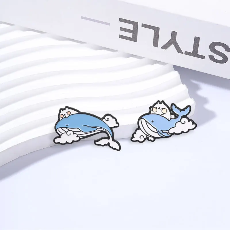 Adorable Ocean Animal Themed Badge Cartoon Cat Riding a Whale Cloud Pendant Book Bag Accessories