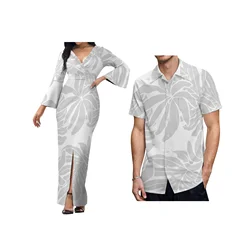 Best Price Wholesale Custom mother day Polynesian Tonga Tribal White Women Elegant Long Dress Matching Mens Shirts Couple Clothe