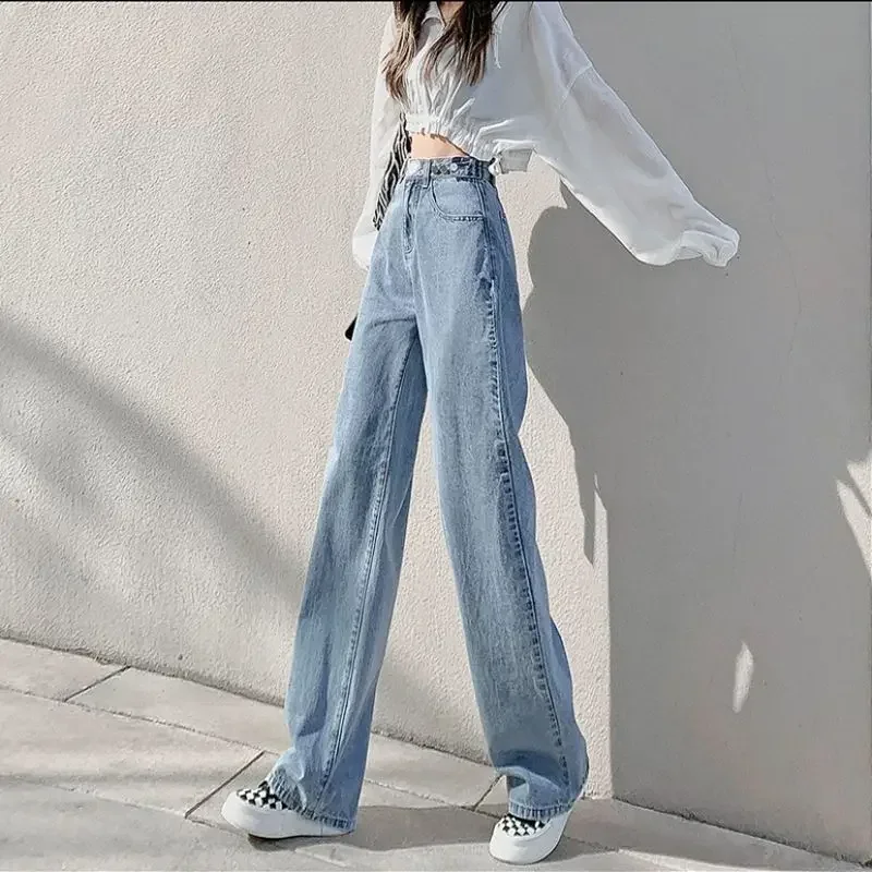 Pants for Women Blue Trousers High Waist Shot Straight Leg Womens Jeans White 2000s Y2k Streetwear R Retro Fashion Casual Cool A