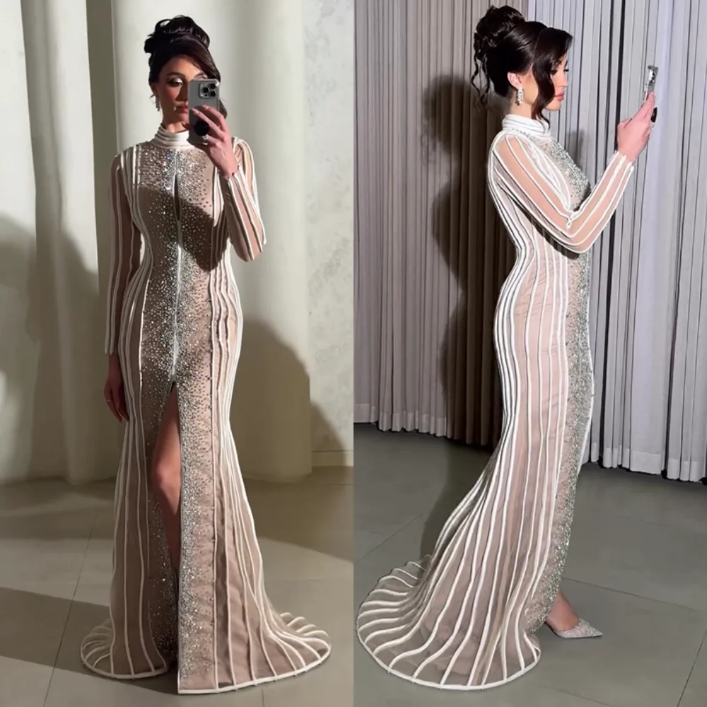 

Customized Elegant Pleat Sequined Pattern Trumpet High Collar Long Dresses Bespoke Occasion Party High Quality Formal