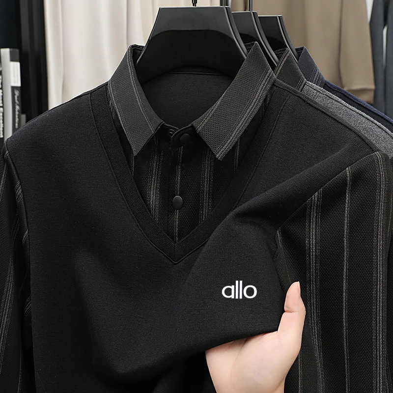 

2025 fake two striped sweaters men's wool shirt collar high-end knitted sweater thick